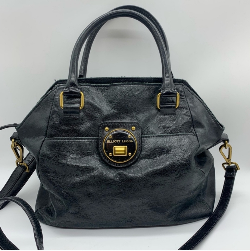 Elliott Lucca Faro Black Gold Genuine Leather Satchel Crossbody Bag Medium Size